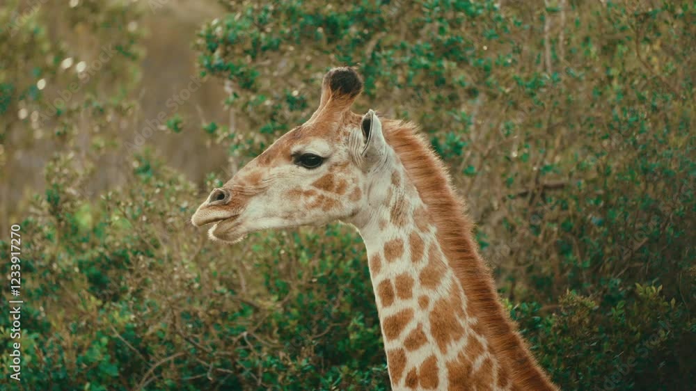 Giraffe chewing on leaves slow motion close up telephoto in 4k on African safari Giraffe chewing on leaves slow motion close up telephoto in 4k on African safari