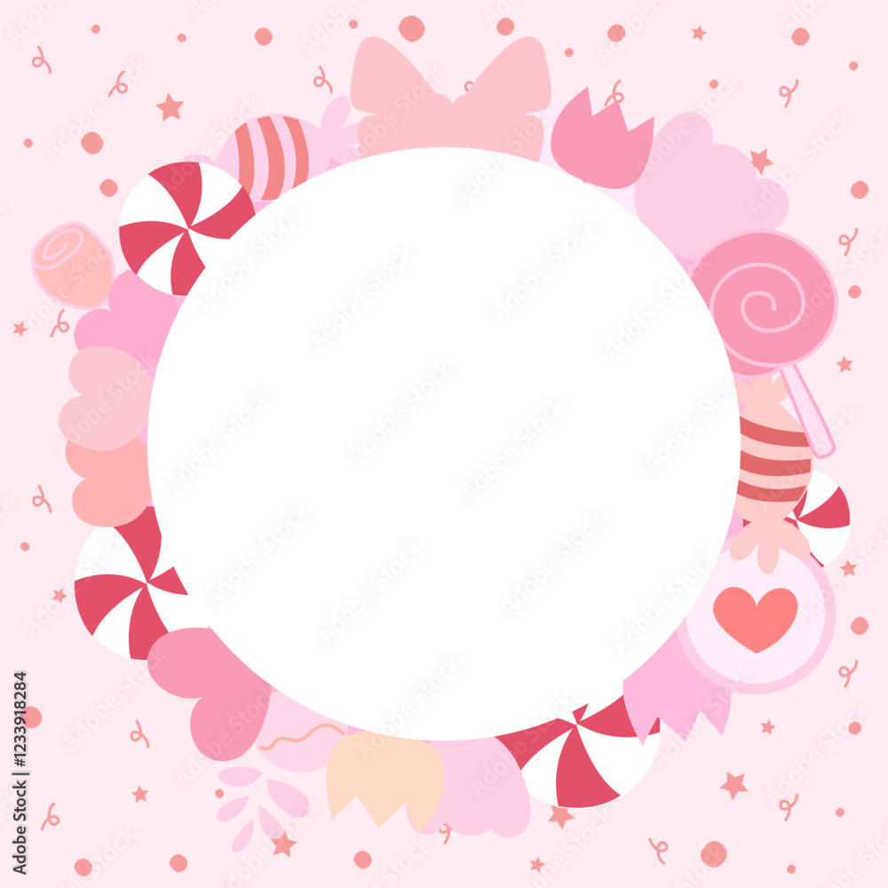 Set of cute pink tones items in sweet and love theme as frame around white circle copy space Set of cute pink tones items in sweet and love theme as frame around white circle copy space