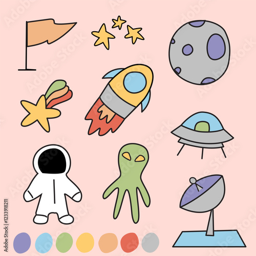 Cute vector space themed cartoon doodled on pink background with colorful star, planet, meteor, alien, astronaut, satellite, UFO, spacecraft, flag