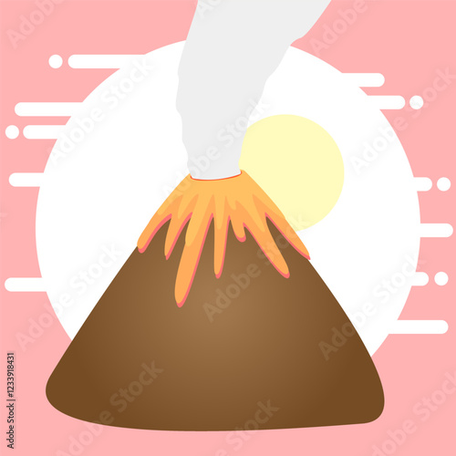 Vector illustration of erupting volcano with yellow sun