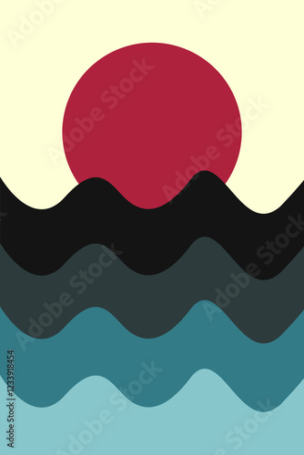 Simple illustration of sunset sky at the sea landscape with red sun, wavy ocean in vintage color tone