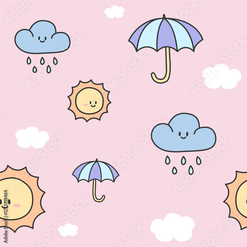 Cute vector seamless pattern of pastel weather themed cartoon with cloud, raindrop, umbrella, and sun on pink background