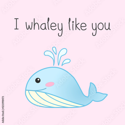 Cute vector blue whale cartoon doodled on pastel pink background with quote 