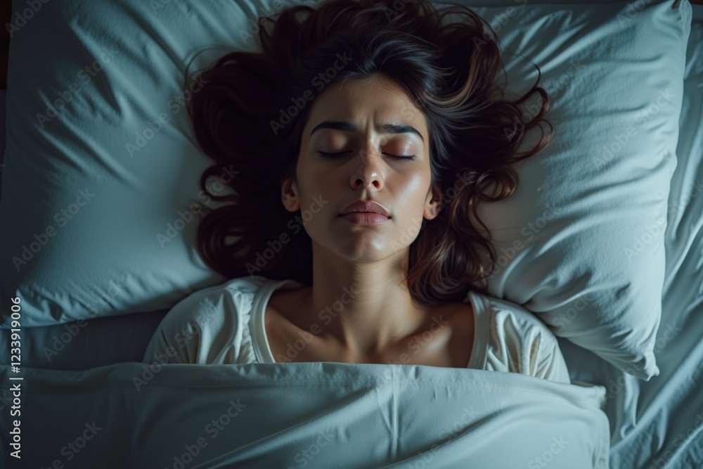 Fototapeta premium A Serene Woman Sleeping Peacefully in Bed, Embracing the Calmness of Night, Her Relaxed Features Reflecting a Moment of Tranquility
