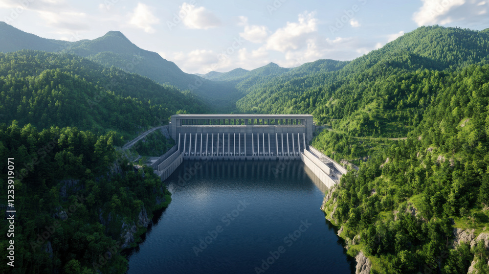 Fototapeta premium Hydropower station surrounded by lush green mountains and water