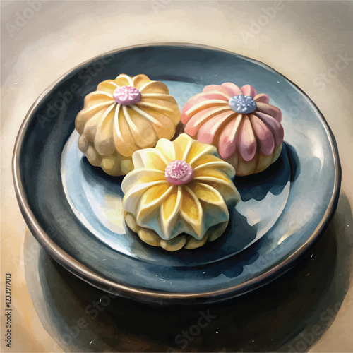 A beautifully detailed watercolor painting of colorful Nerikiri with intricate designs