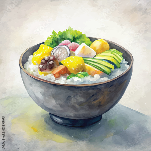 A beautifully detailed watercolor painting of Chirashi sushi in a traditional lacquer bowl