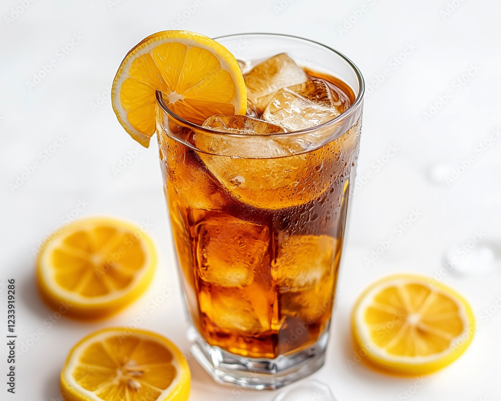 Pristine white minimalist close-up of iced tea glass highlighting vibrant tea and citrus textures. Pristine white minimalist close-up of iced tea glass highlighting vibrant tea and citrus textures.