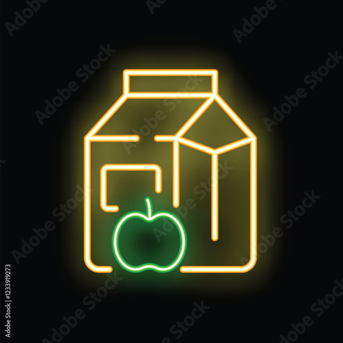 Neon icon of apple juice carton glowing on black background