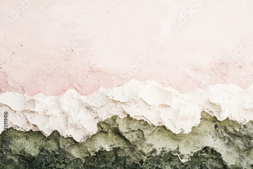 Blush pink and olive green merge dynamically, rugged textures adding a fresh, modern, and grounded aesthetic to the design.