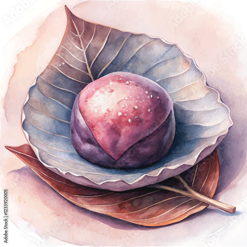 A beautifully detailed watercolor painting of traditional Japanese Kashiwa Mochi