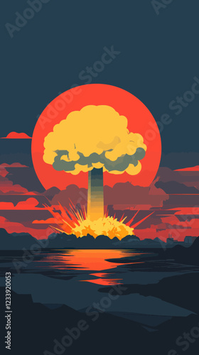 Nuclear Explosion Vector with Fiery Mushroom Cloud and Red Sunset Background