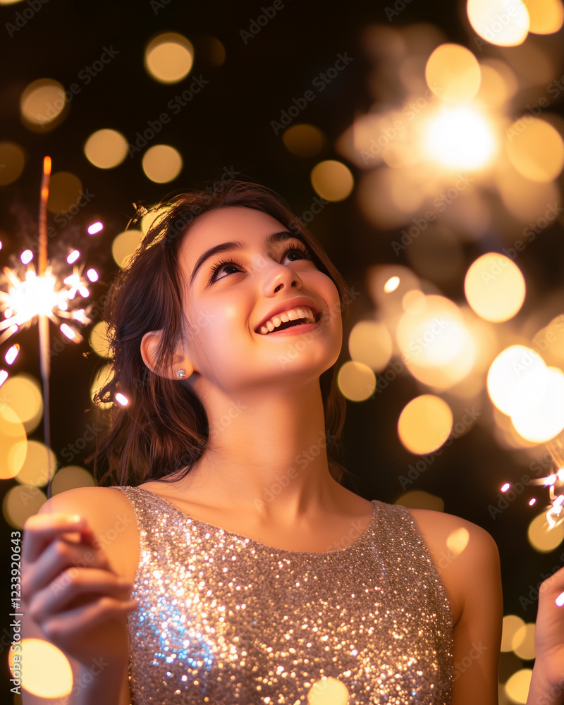 Woman holding sparklers with golden bokeh Woman holding sparklers with golden bokeh