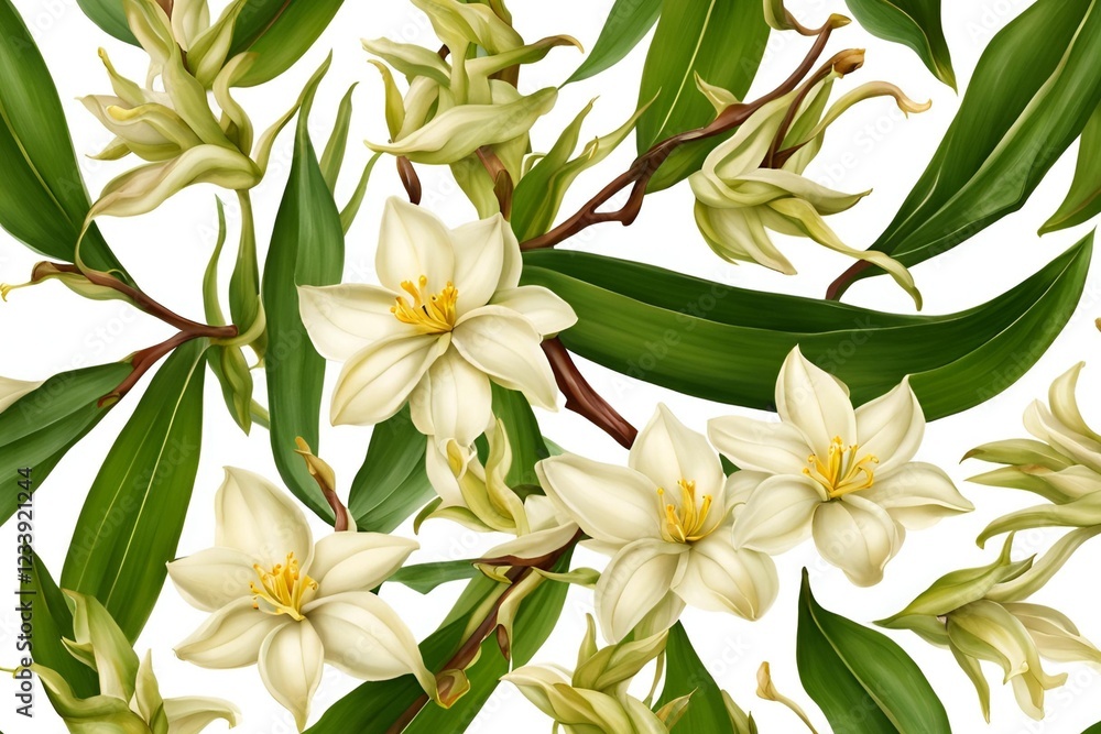 vanilla flower with pods and leaves isolated on transparent background vanilla flower with pods and leaves isolated on transparent background