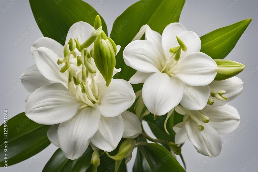 Fototapeta premium vanilla flower with pods and leaves isolated on transparent background