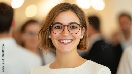 Career development thrives through professional networking  mentorship  and strategic growth. Smiling woman with glasses in a blurred background of people.