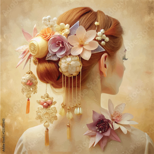 Artistic watercolor rendering of a floral hairpin with delicate petals and soft colors