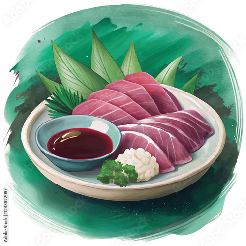 Artistic watercolor rendering of fresh Sashimi served with wasabi and sliced vegetables
