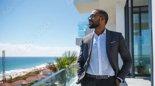 Young African American real estate agent inspects beachfront property, 