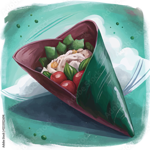Artistic watercolor rendering of Temaki sushi with tuna, avocado, and cucumber fillings