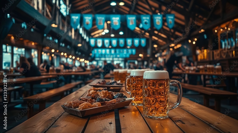 Fototapeta premium Two Steins of Beer with Snacks on Wooden Table in Festive Biergarten Setting