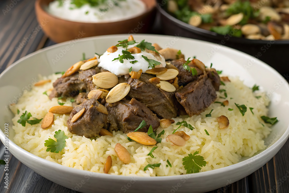 mansaf dish featuring slow-cooked lamb over a bed of fragrant rice, topped with rich jameed yogurt sauce and garnished with toasted almonds and fresh parsley. mansaf dish featuring slow-cooked lamb over a bed of fragrant rice, topped with rich jameed yogurt sauce and garnished with toasted almonds and fresh parsley.
