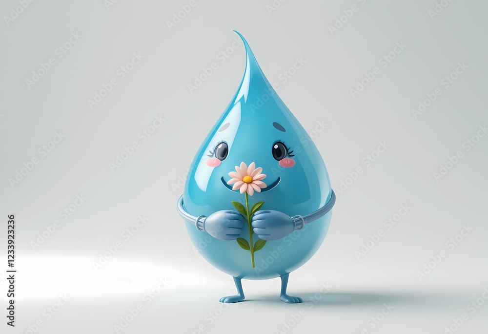 Adorable 3D render of a water droplet holding a flower. Adorable 3D render of a water droplet holding a flower.