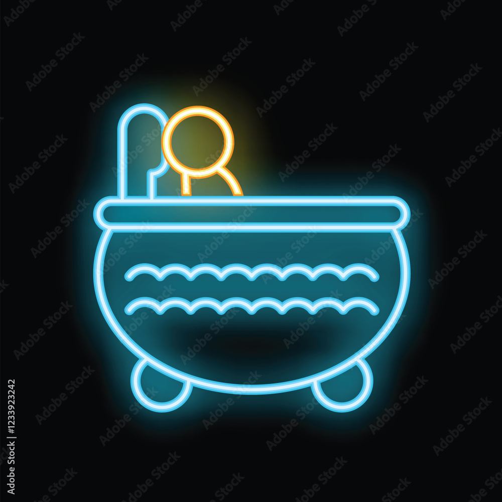 Glowing neon sign representing a person taking a bath in a bathtub, on a dark background Glowing neon sign representing a person taking a bath in a bathtub, on a dark background