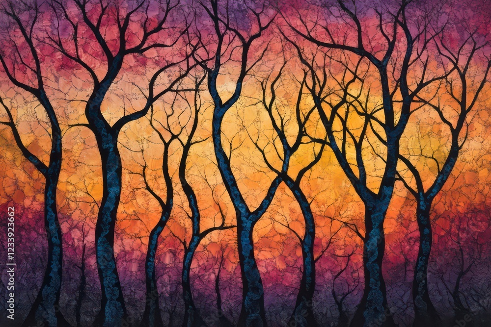 Silhouettes of bare branches of winter trees against a fiery sunset background. Silhouettes of bare branches of winter trees against a fiery sunset background.
