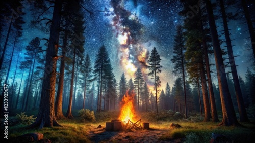Dark forest with a burning campfire surrounded by tall trees and dense foliage under a starry night sky, wilderness