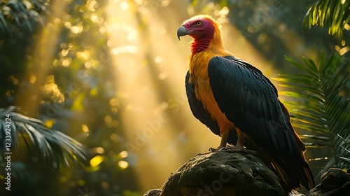 A Majestic King Vulture Sarcoramphus papa Enjoying the Sunlight in a Lush Tropical Jungle Setting photo