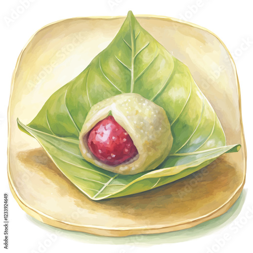 Watercolor illustration of Kashiwa Mochi wrapped in an oak leaf