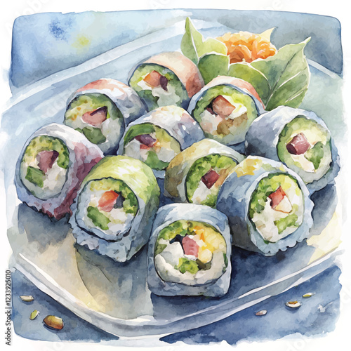 Watercolor illustration of Maki rolled sushi with vibrant fillings and nori