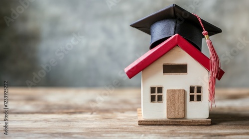 Miniature house with graduation cap on wooden surface. Perfect for education investment and property value concepts.