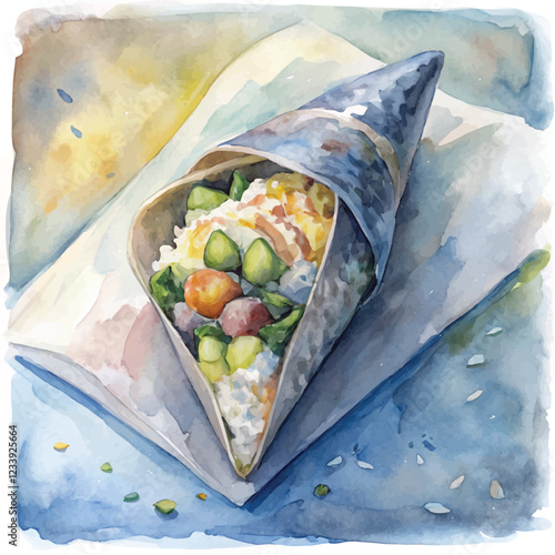 Watercolor illustration of Temaki sushi with vibrant fillings wrapped in nori