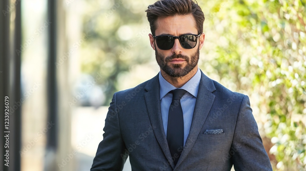 Confident businessman in sunglasses and suit outdoors. Suitable for professional success and modern leadership themes. Confident businessman in sunglasses and suit outdoors. Suitable for professional success and modern leadership themes.