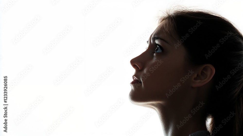 Fototapeta premium Woman's silhouette in profile against white background. Perfect for minimalist portrait and contemplation themes.