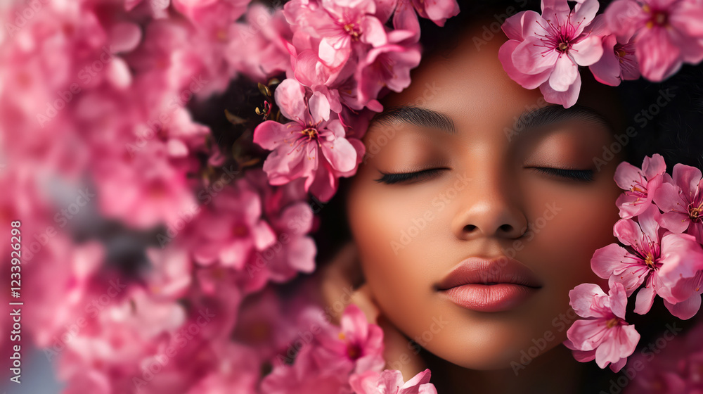 Beautiful african american woman in pink flowers. Abstract fashion background, template for Women's day Beautiful african american woman in pink flowers. Abstract fashion background, template for Women's day
