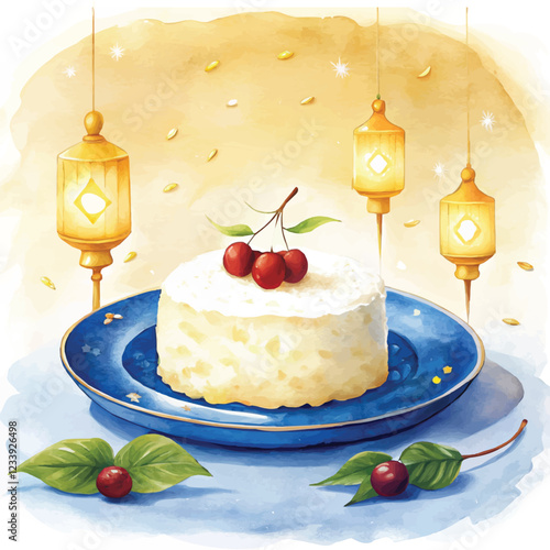 Watercolor painting of coconut rice cake with a soft and fluffy texture