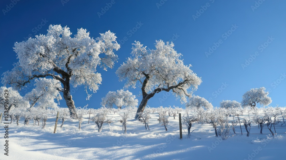 Frosty winter trees vineyard landscape, bright sun Frosty winter trees vineyard landscape, bright sun