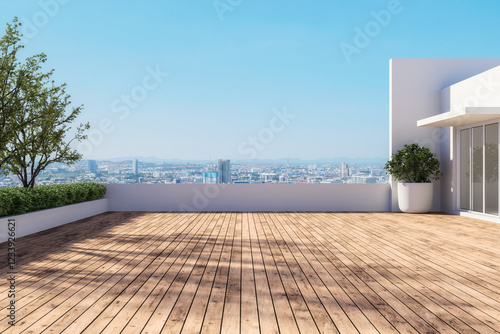Fototapeta Naklejka Na Ścianę i Meble -  Modern contemporary empty wooden terrace with city view background 3d render
