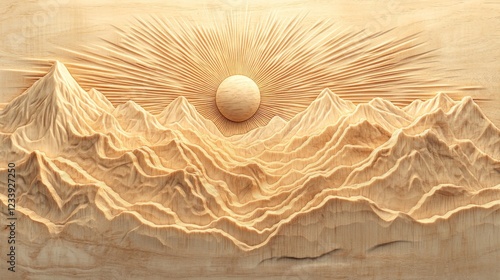 Intricate Wood Carving: Majestic Mountain Range at Sunrise