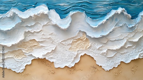 Textured art depicting ocean waves crashing on a sandy beach.