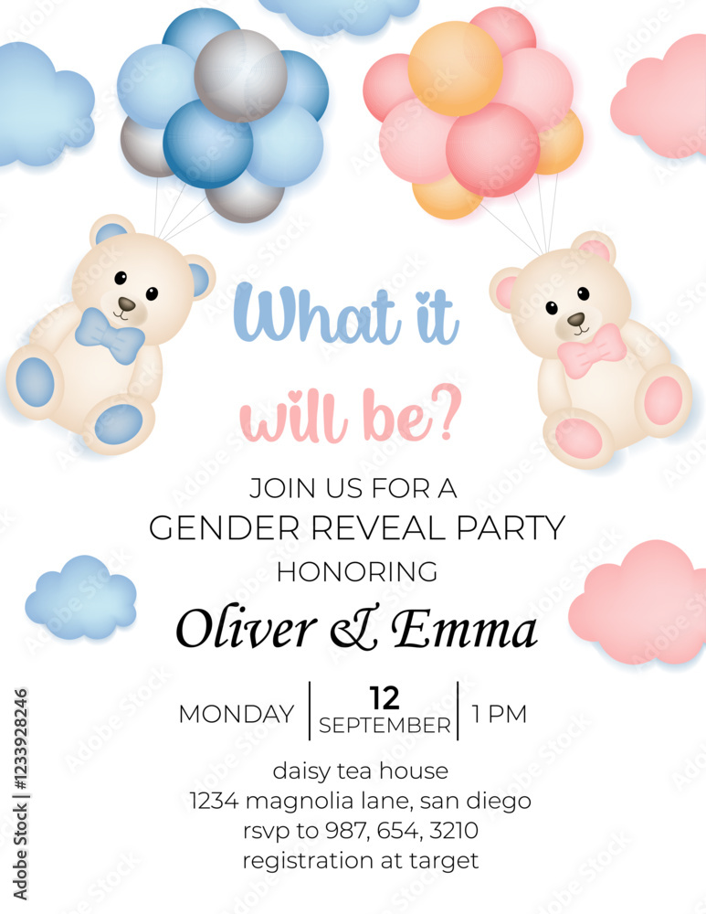 Baby shower invitation template card with teddy bear, clouds and balloons background Baby shower invitation template card with teddy bear, clouds and balloons background