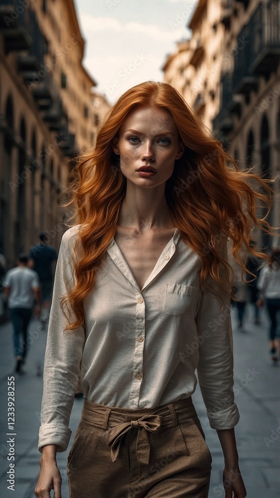 Obraz premium Confident red-haired woman walking through European city street