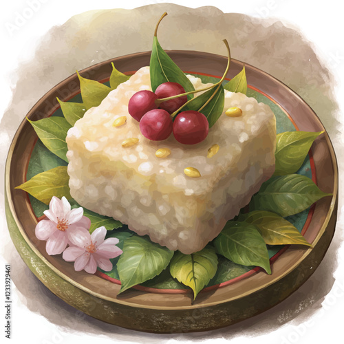 A beautifully painted plate of steamed coconut rice cakes with soft hues