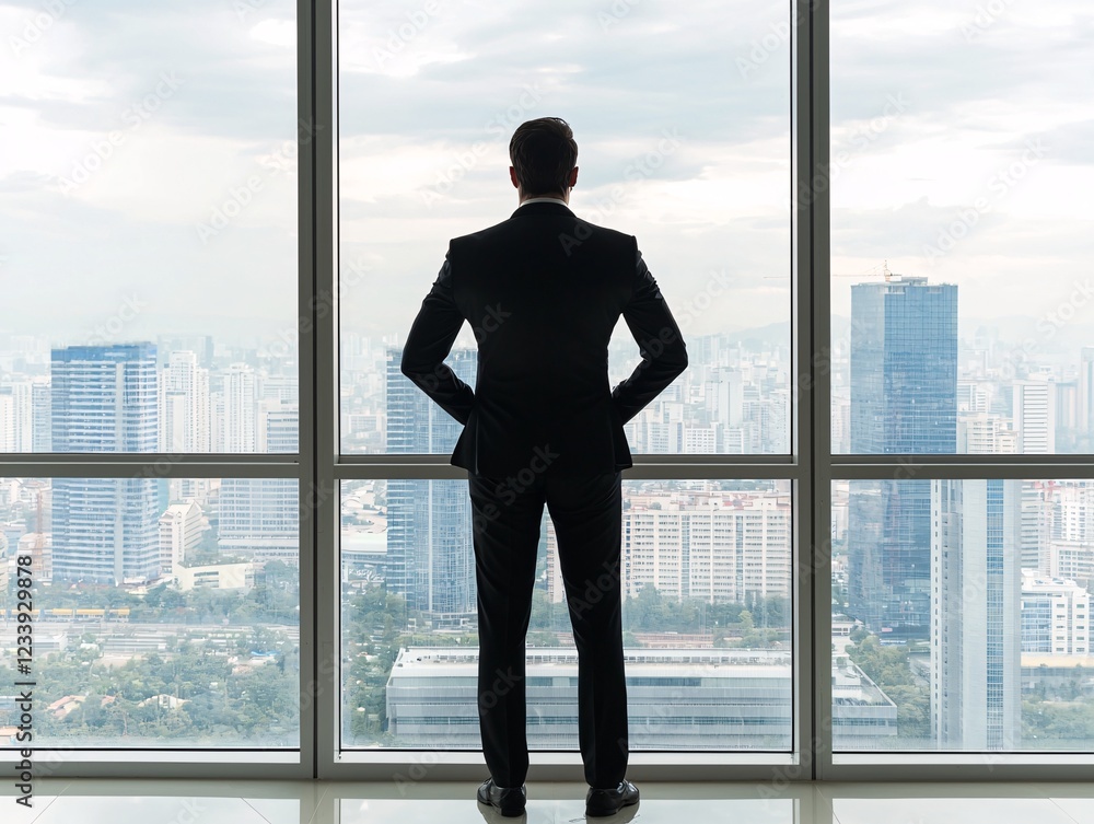 Fototapeta premium A leadership coach standing in front of a large window, overlooking a city skyline, symbolizing vision and future growth
