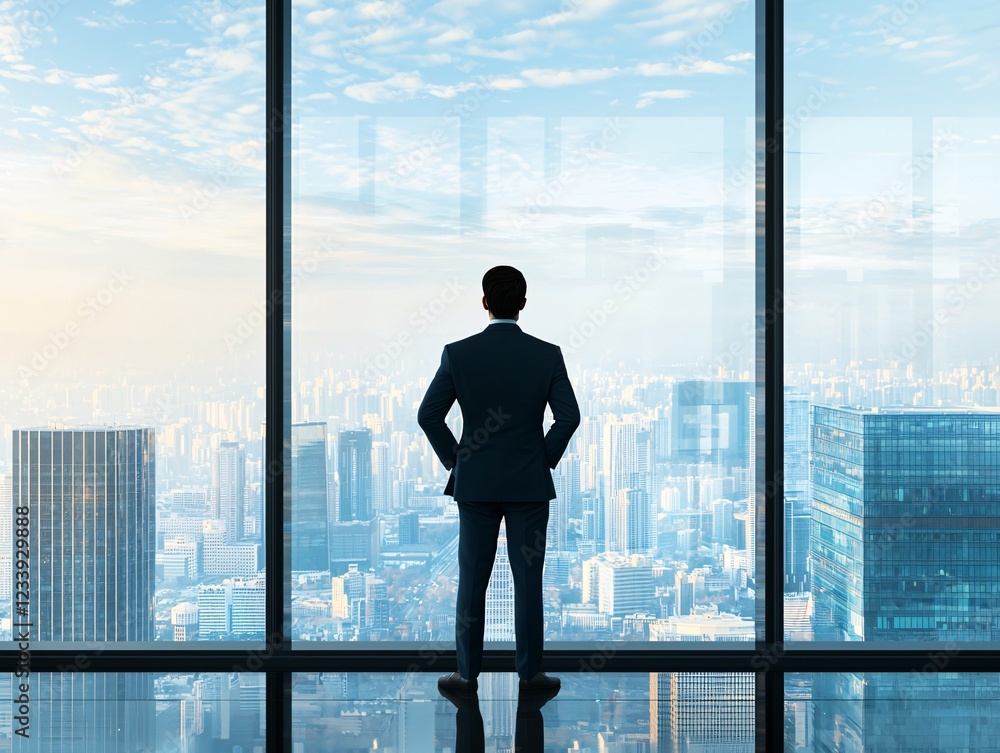 A leadership coach standing in front of a large window, overlooking a city skyline, symbolizing vision and future growth A leadership coach standing in front of a large window, overlooking a city skyline, symbolizing vision and future growth