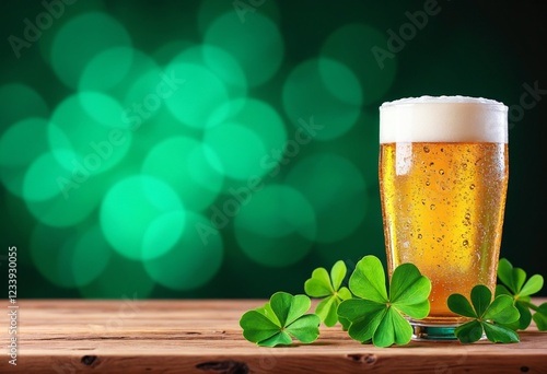 St Patrick's Day blonde beer with Shamrock and astract green bokeh background for happy st patrick's day celebration background design photo