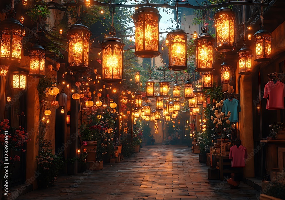 Fototapeta premium An Atmospheric Alley Lit by Numerous Hanging Lanterns at Dusk, with Shopfronts on Either Side